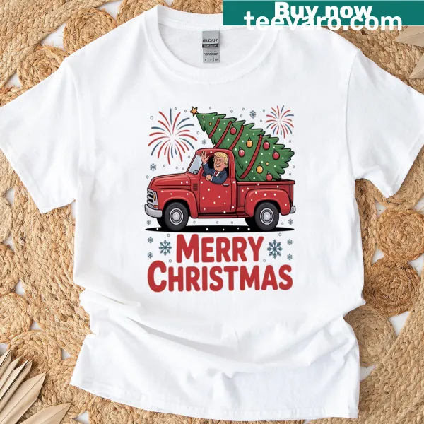 Merry Christmas T-shirt with red truck and festive typography