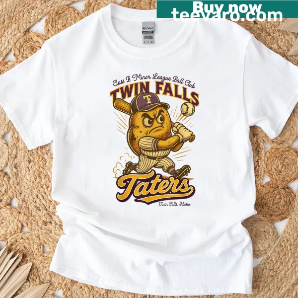 Illustrated T-shirt featuring the Twin Falls Taters baseball team with a playful potato character