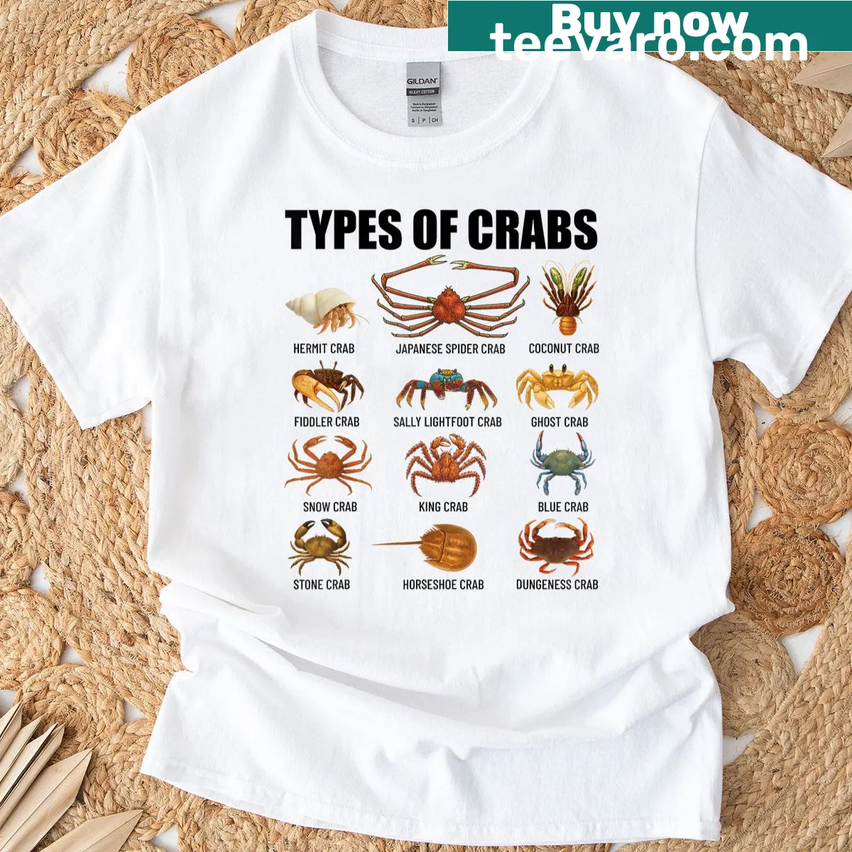 Educational T-shirt displaying various crab species — on a men's t-shirt