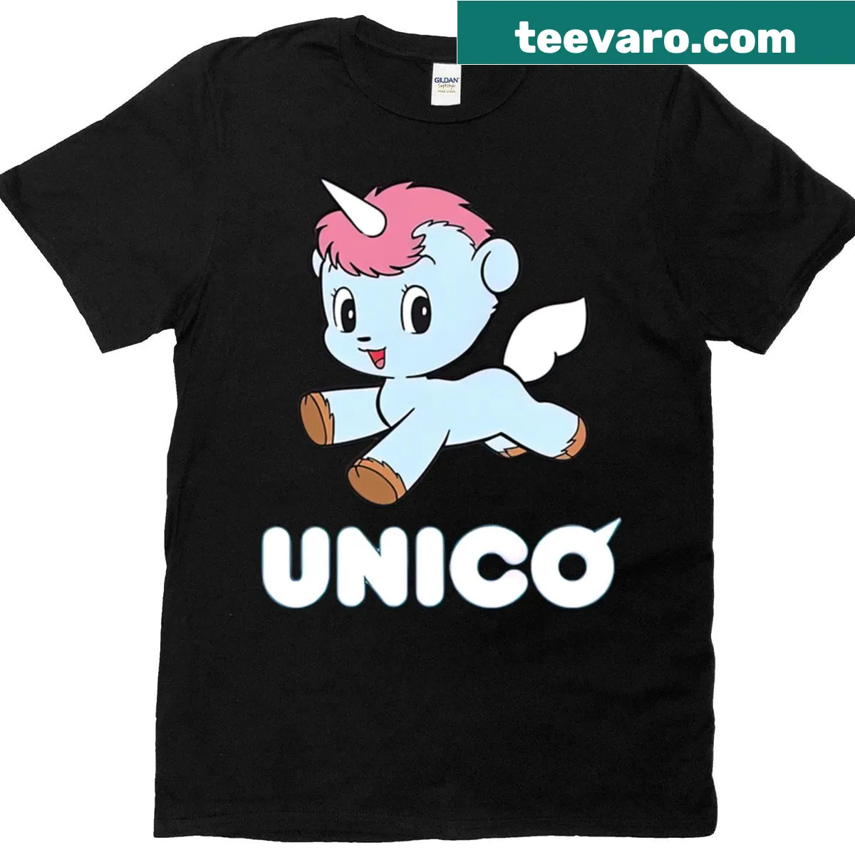 Anime-inspired t-shirt featuring a playful unicorn illustration — on a men's t-shirt