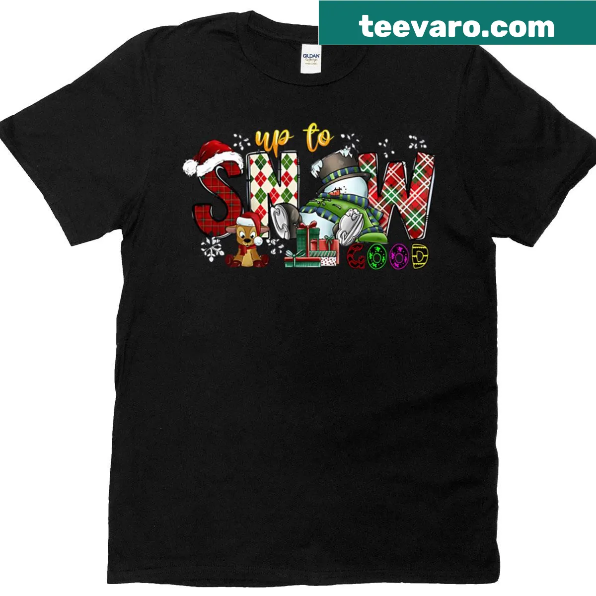 Christmas t-shirt with the phrase 'Up To Snow Good' and festive graphics — on a men's t-shirt