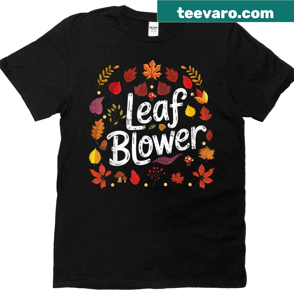 Funny fall-themed t-shirt with a leaf blower and cartoon leaves — on a men's t-shirt