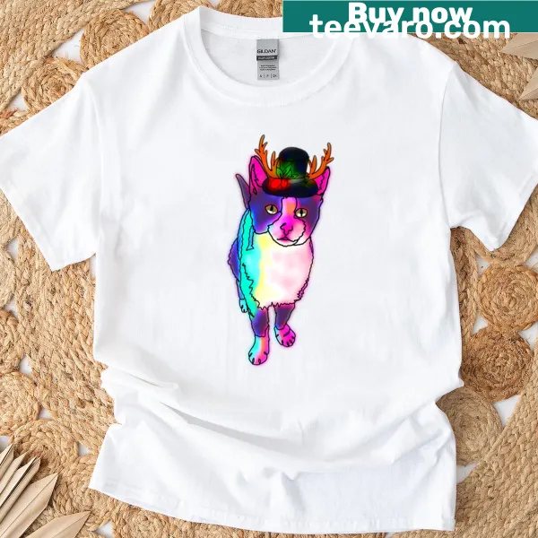 Cute cartoon cat in a snowman hat on a T-shirt