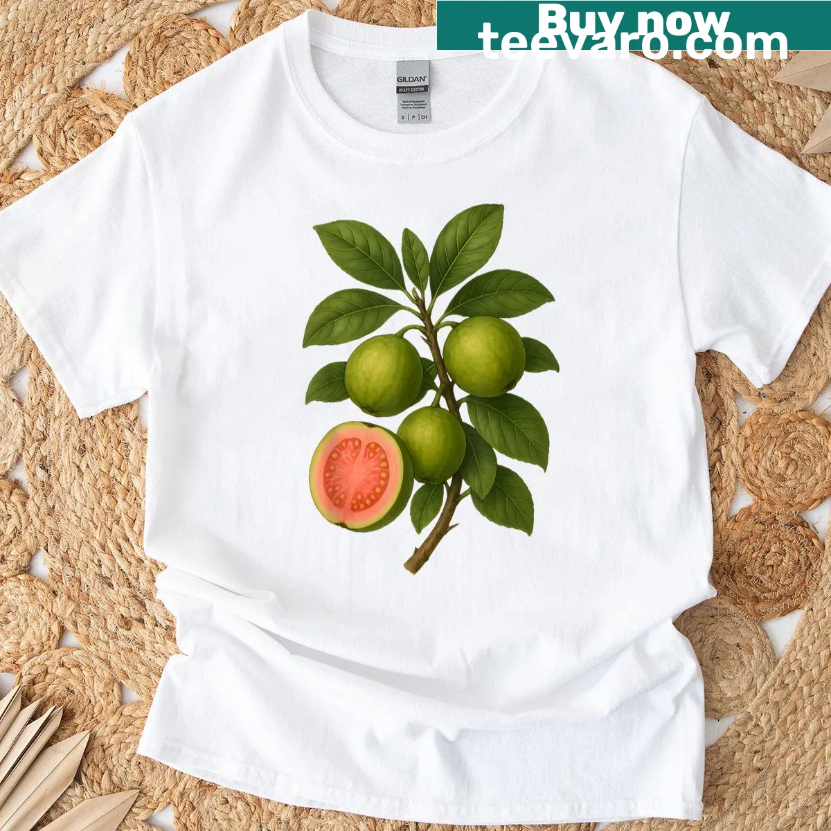 Vintage botanical T-shirt with guava fruit illustration — on a men's t-shirt