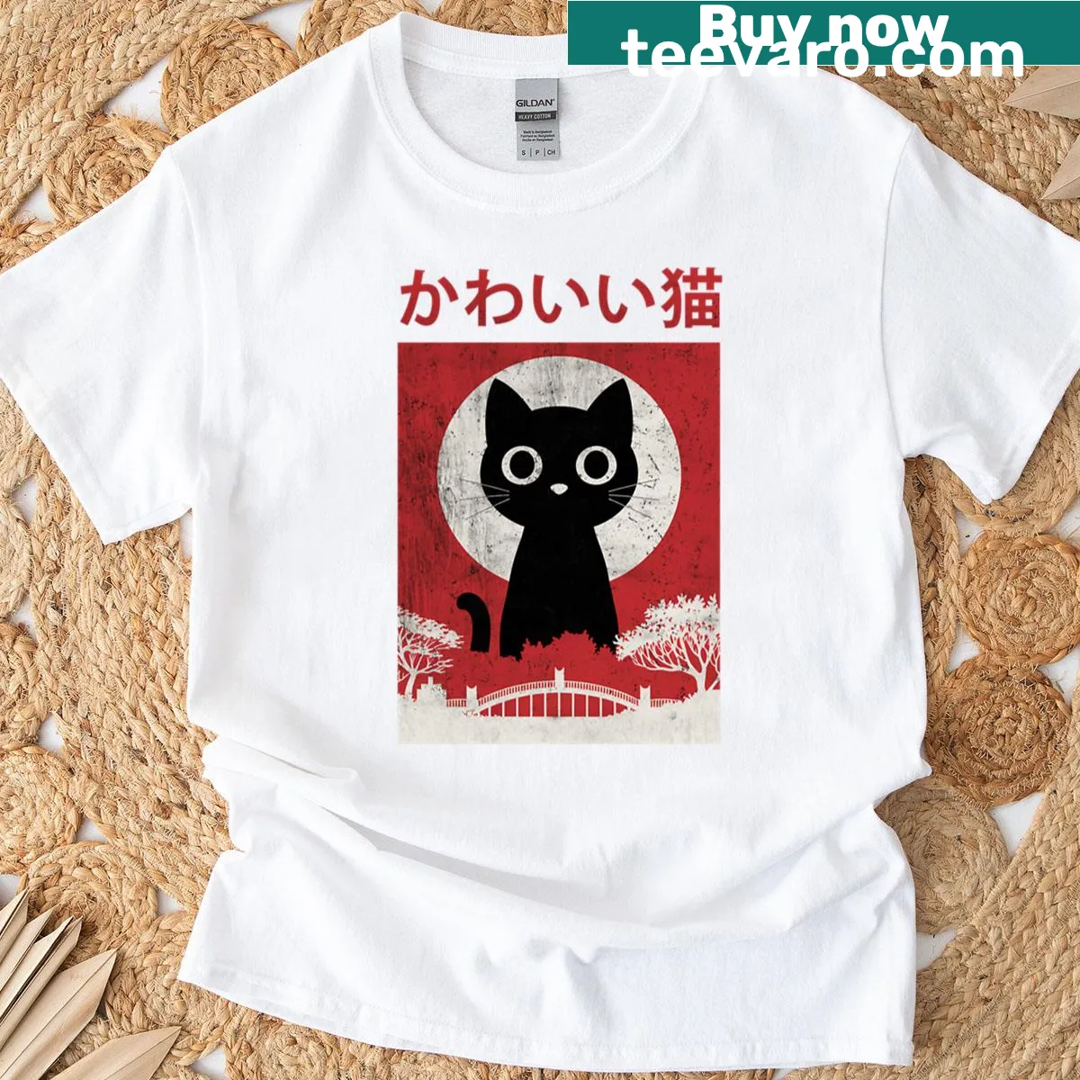 Vintage kawaii T-shirt featuring a black cat design — on a men's t-shirt