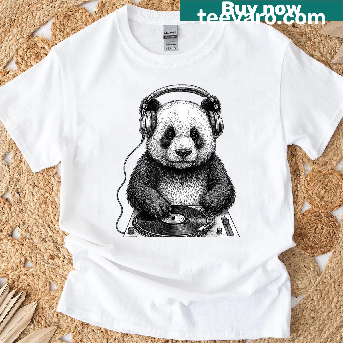Vintage panda DJ design t-shirt spinning vinyl records. — on a men's t-shirt