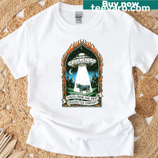 Illustrative t-shirt depicting aliens and UFOs with a playful design