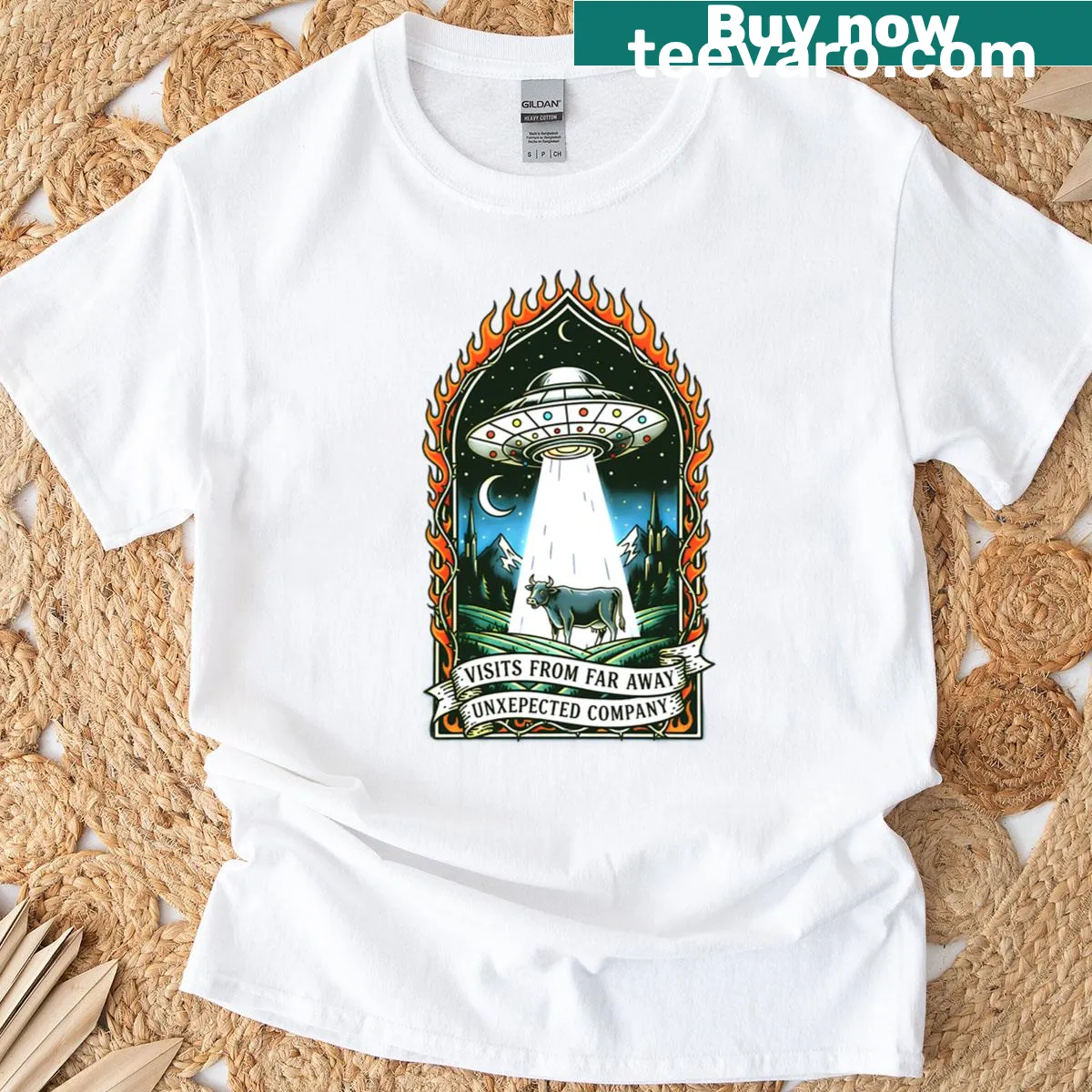 Illustrative t-shirt depicting aliens and UFOs with a playful design — on a men's t-shirt