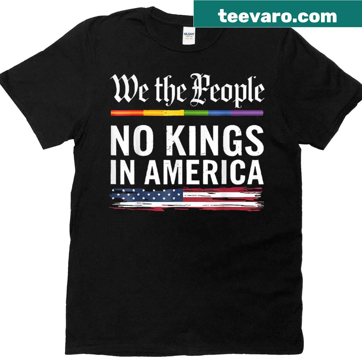 Bold typography t-shirt featuring 'We The People No Kings' design — on a men's t-shirt