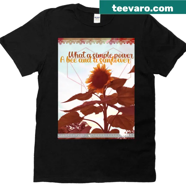 Illustration of a bee and sunflower on a nature-themed T-shirt.