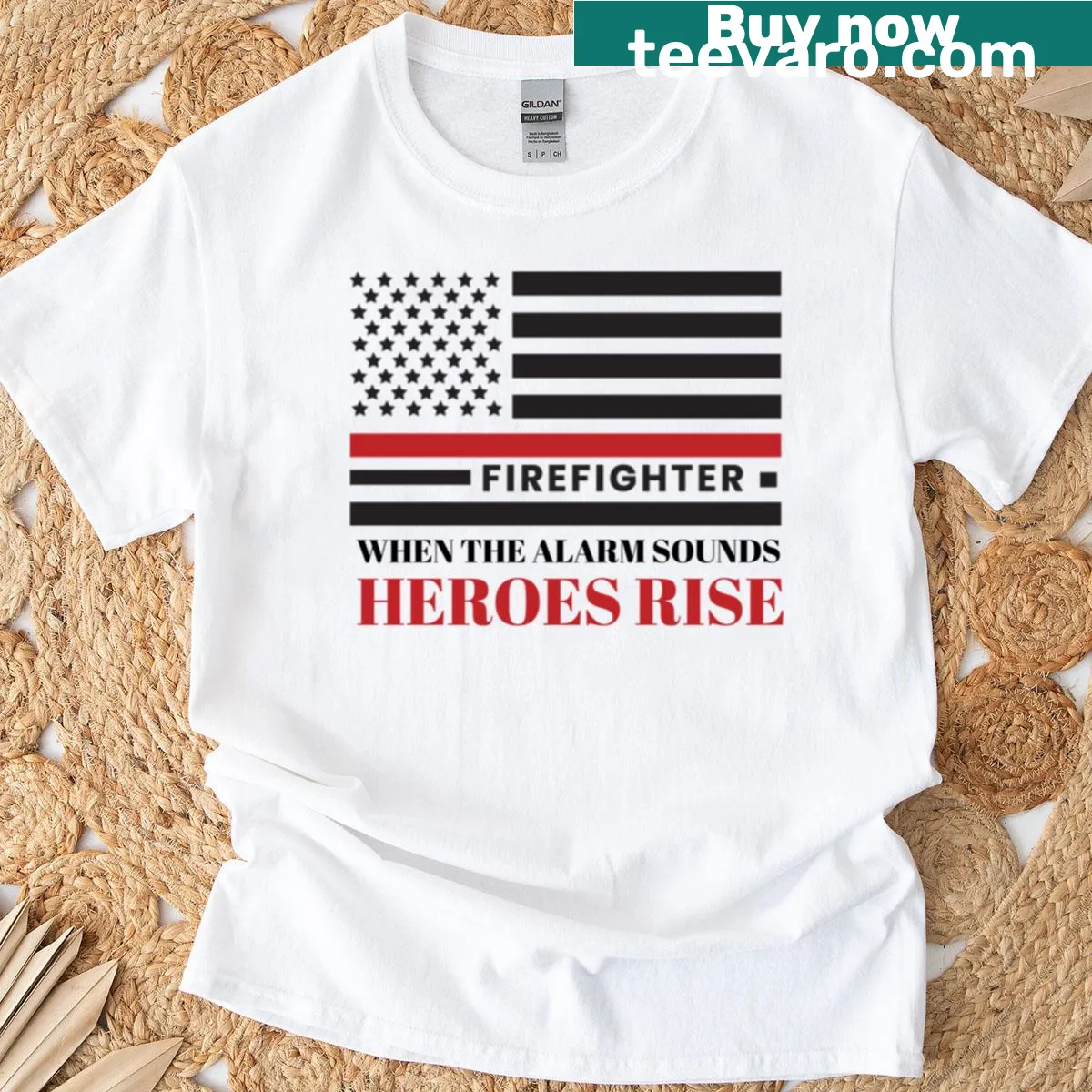 Motivational t-shirt with the phrase 'When The Alarm Sounds Heroes Rise' — on a men's t-shirt