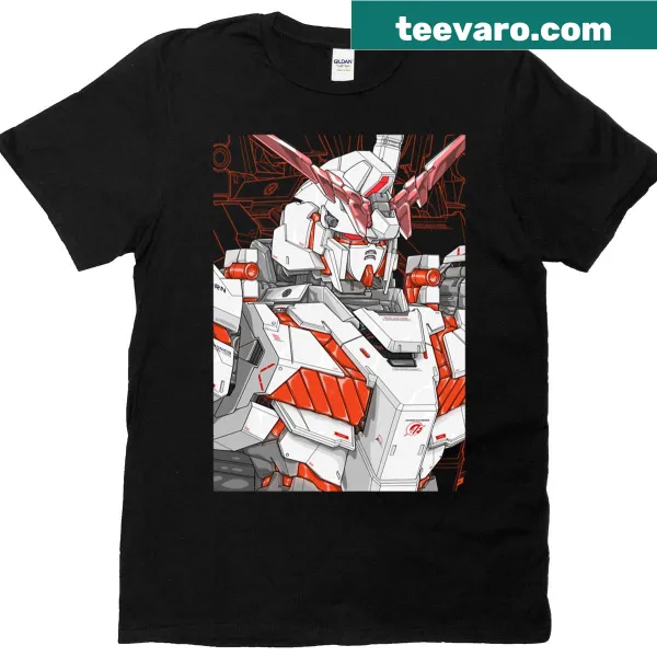 Anime mecha design T-shirt featuring a unicorn Gundam illustration.