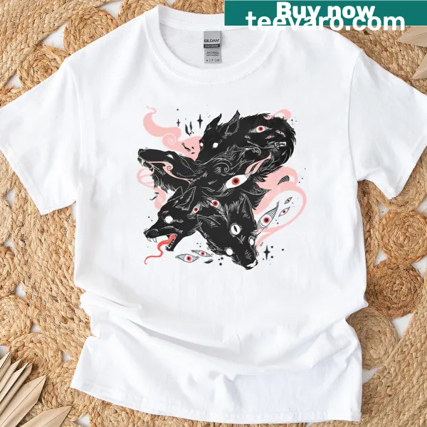 Artistic T-shirt featuring wild wolves with multiple eyes