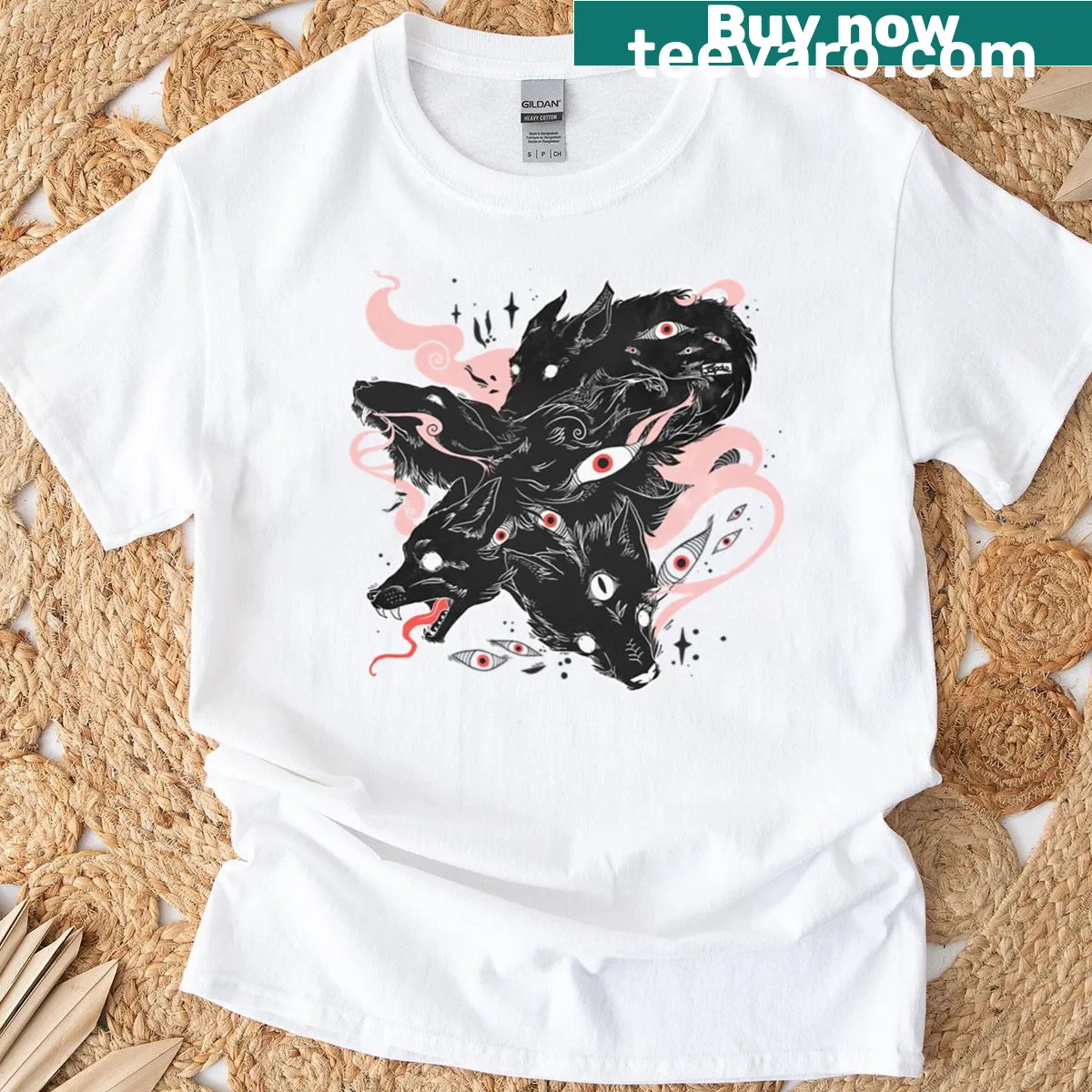 Artistic T-shirt featuring wild wolves with multiple eyes — on a men's t-shirt