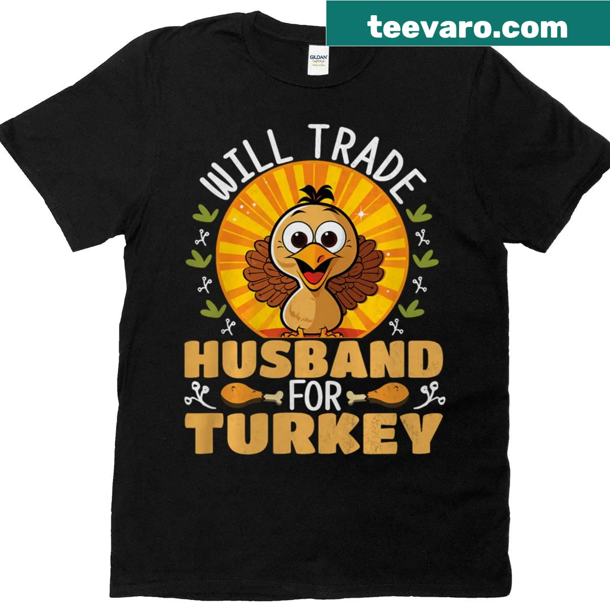 Funny Thanksgiving t-shirt with 'Will Trade Husband For Turkey' text — on a men's t-shirt
