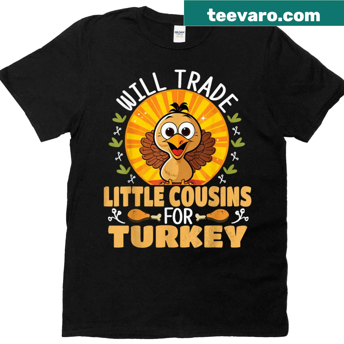 Funny Thanksgiving T-shirt with Will Trade Little Cousins text — on a men's t-shirt
