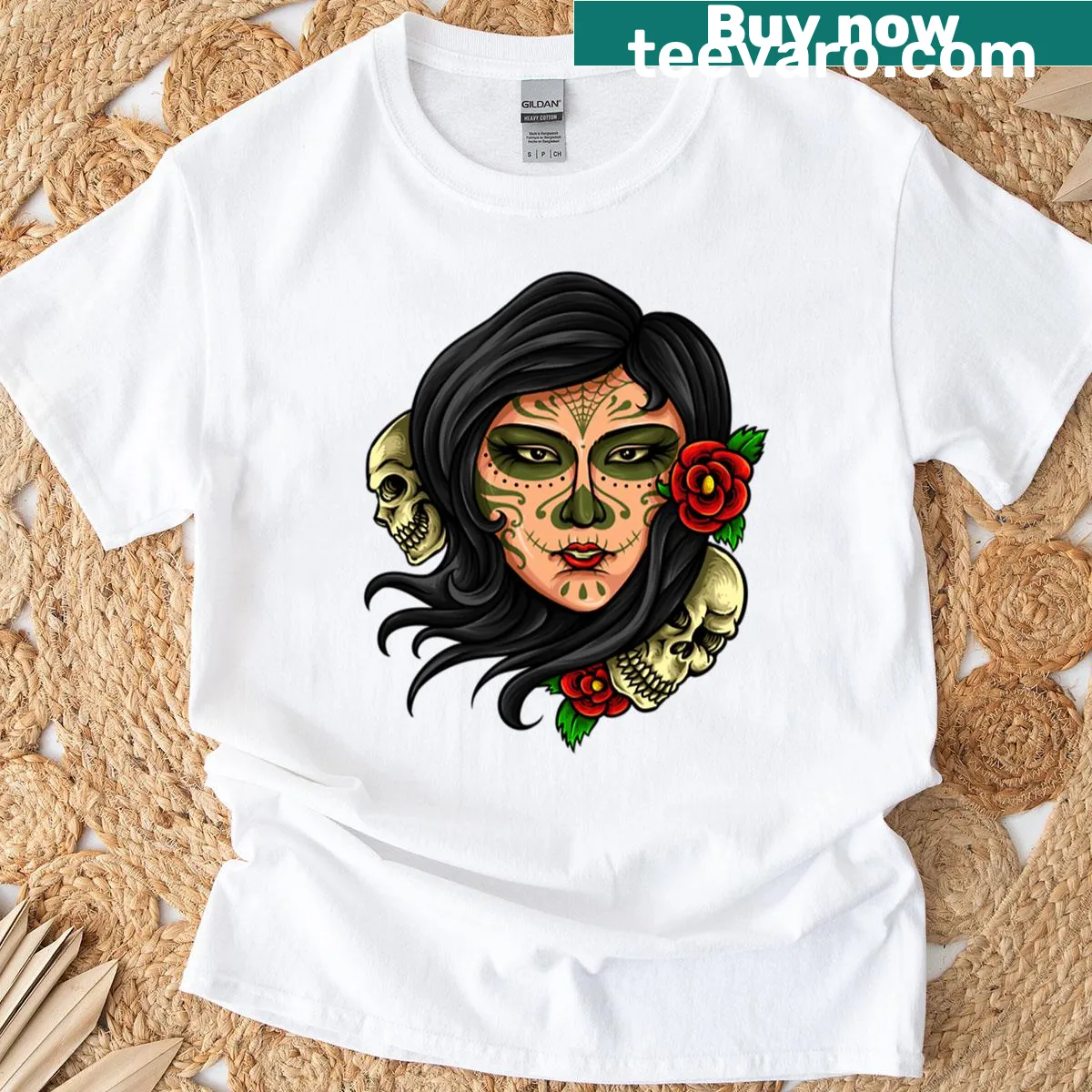 Graphic of a woman with roses for Day of the Dead on a T-shirt — on a men's t-shirt