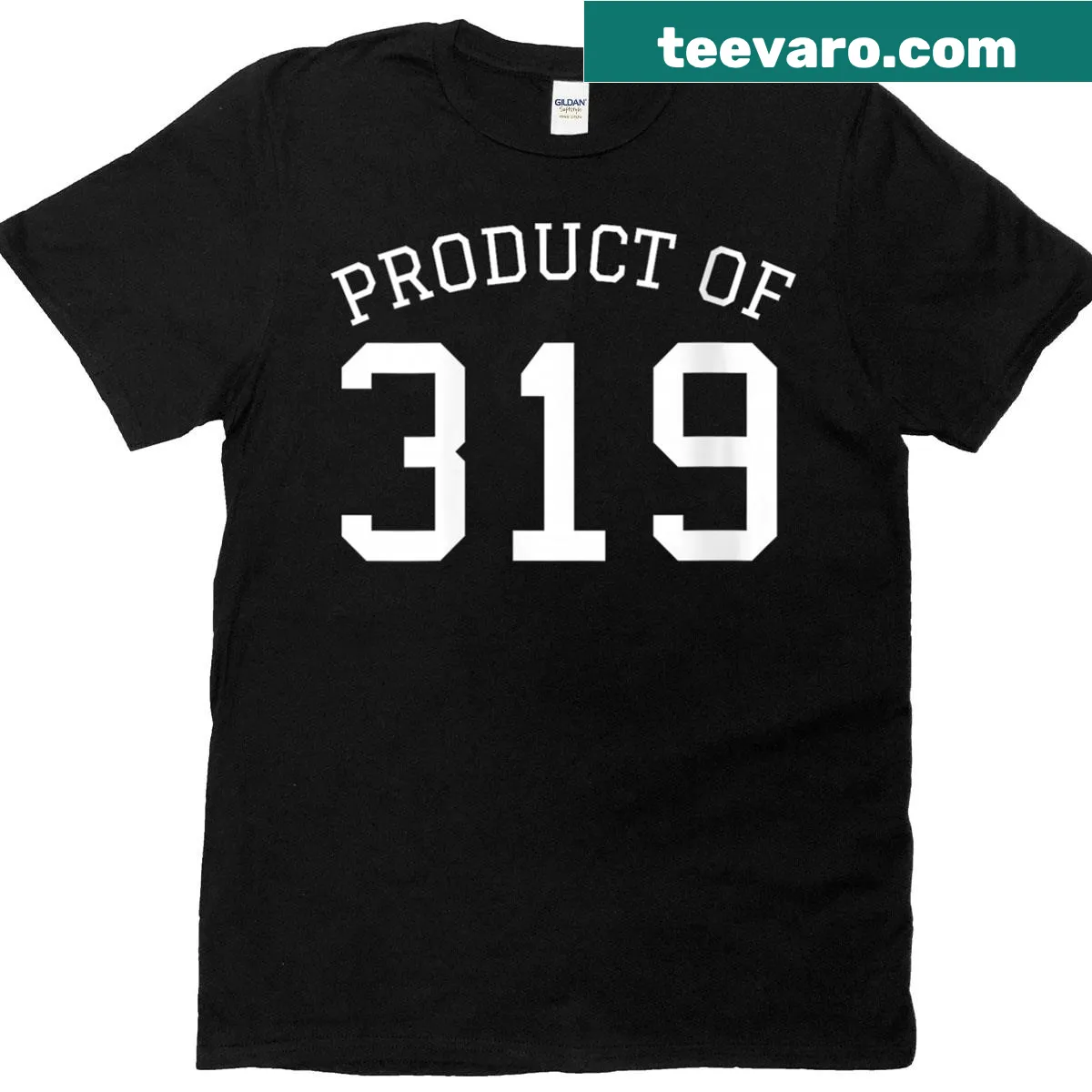 Area Code 319 typography t-shirt for men, women, and kids. — on a men's t-shirt