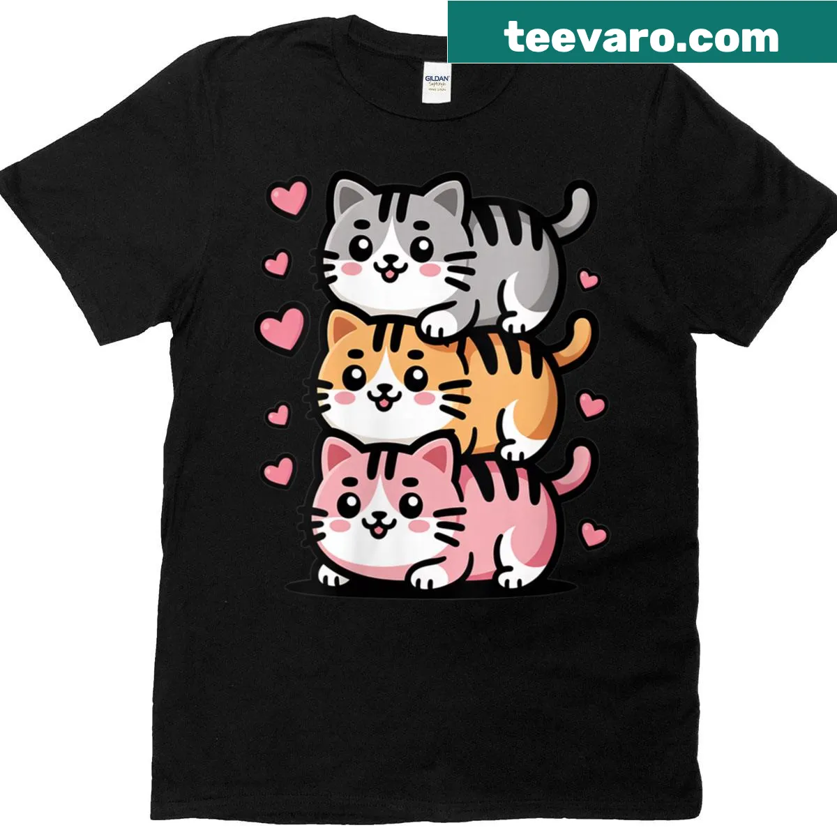 Cute chibi cats stacked in a pile on a t-shirt — on a men's t-shirt