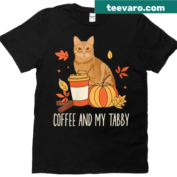 T-shirt featuring coffee and an orange tabby cat design