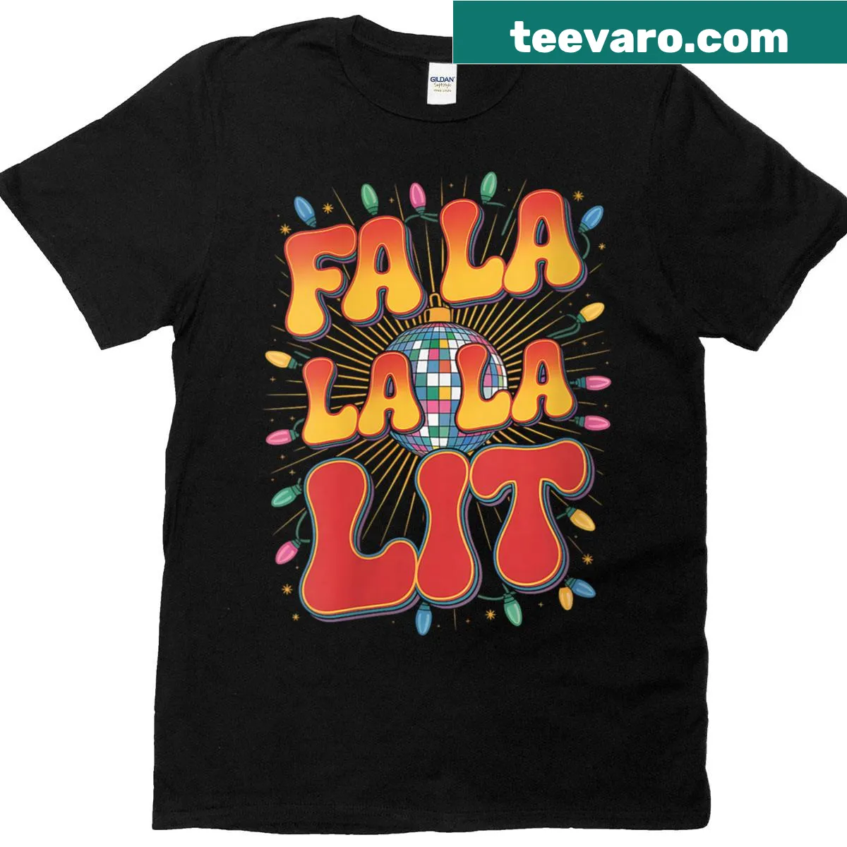 Funny Christmas party shirt with disco lights and text — on a men's t-shirt