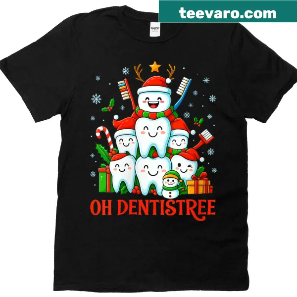 Christmas-themed t-shirt featuring a tooth tree graphic and humorous text