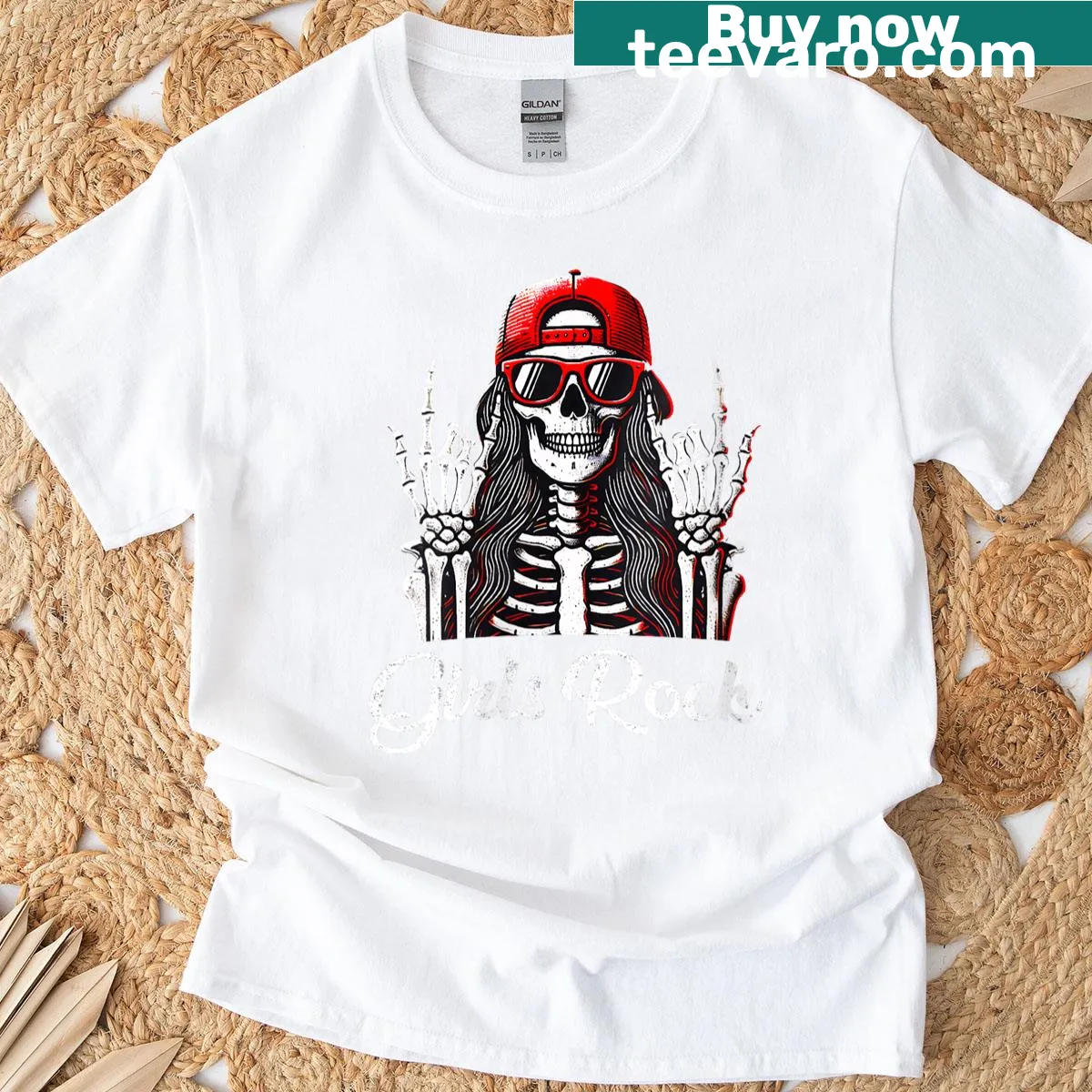 Cool punk rock T-shirt with a skeleton girl rocking out — on a men's t-shirt