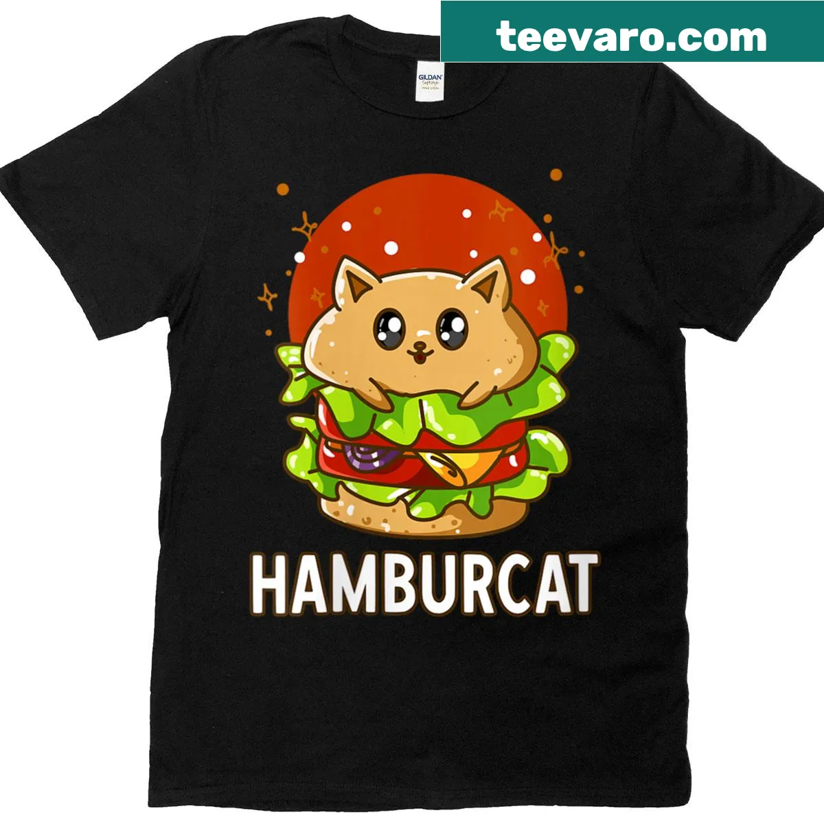 Cartoon cat in a hamburger costume with the text 'Hamburcat' — on a men's t-shirt