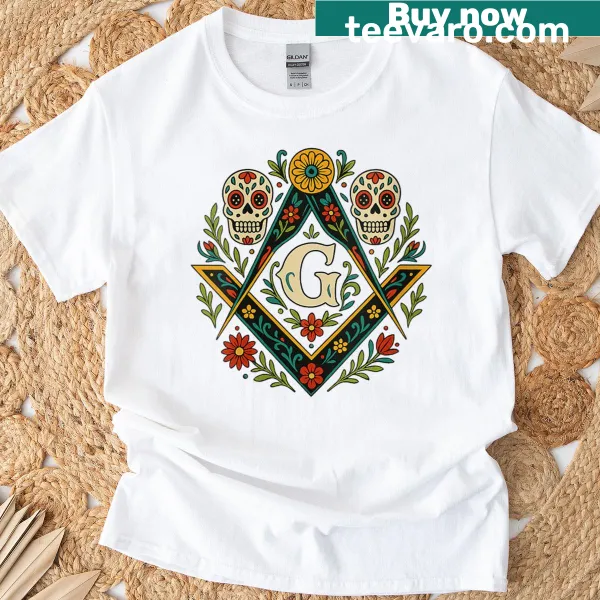 T-shirt featuring a sugar skull design with Masonic Square Compass for cultural pride