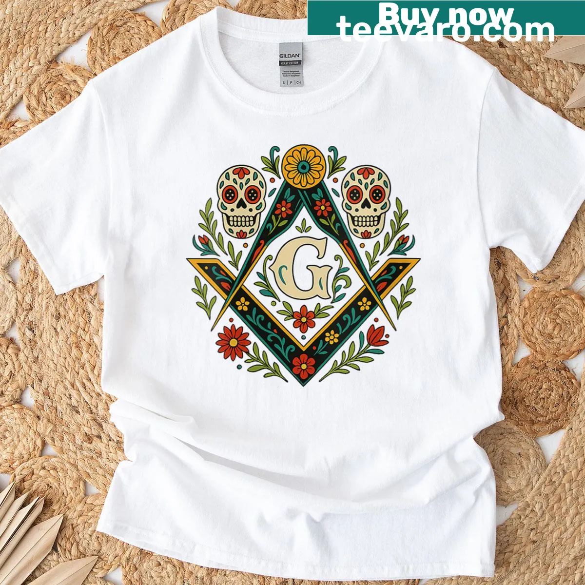 T-shirt featuring a sugar skull design with Masonic Square Compass for cultural pride — on a men's t-shirt