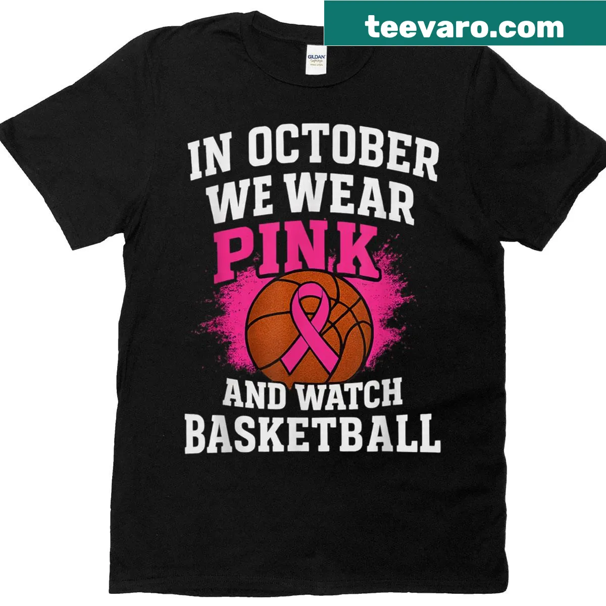 Basketball-themed t-shirt supporting October Awareness with illustrations. — on a men's t-shirt