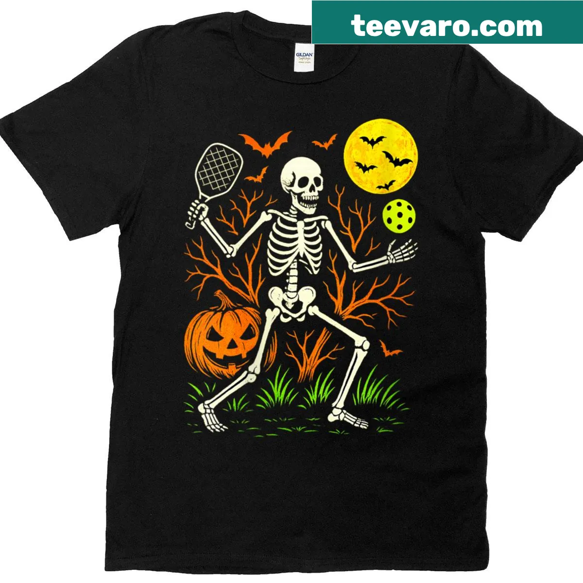Skeleton playing pickleball on a Halloween-themed women's T-shirt — on a men's t-shirt