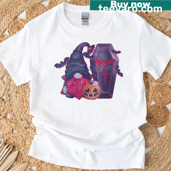 Halloween T-shirt with cute pumpkin gnome, bats, and coffin design
