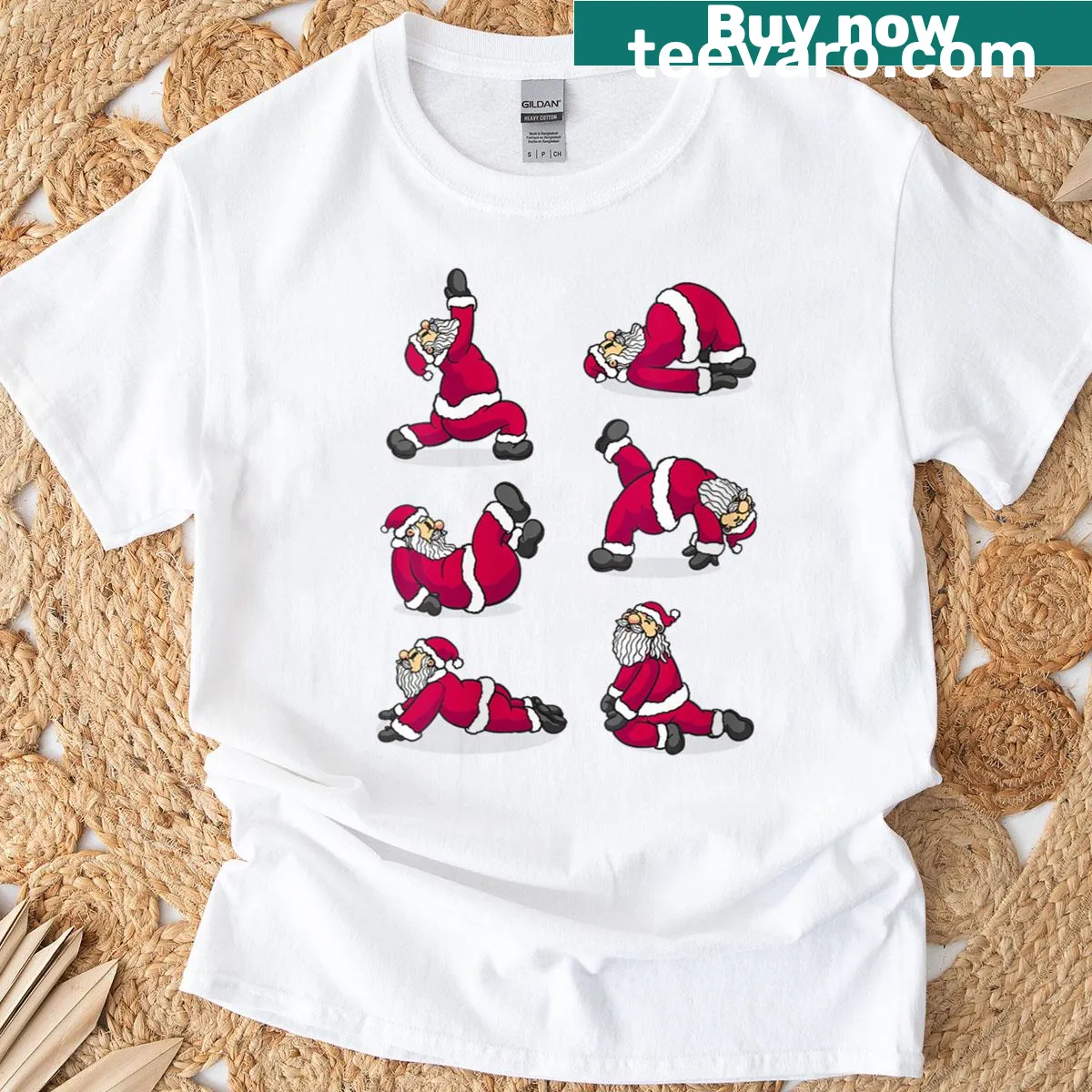 Illustrative T-shirt featuring Santa Claus practicing yoga, perfect for holiday fitness — on a men's t-shirt