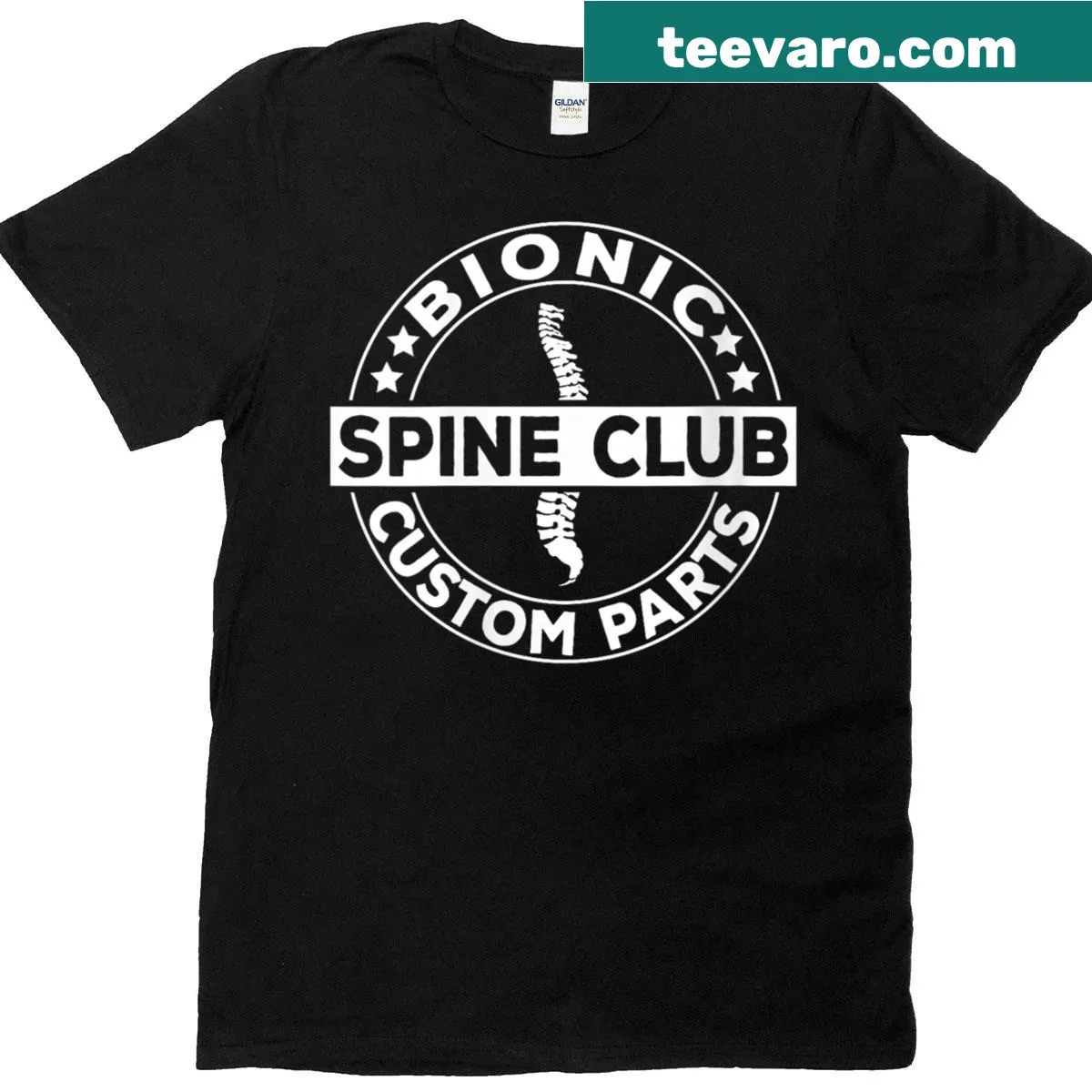 T-shirt with 'Bionic Spine Club' text celebrating spinal surgery — on a men's t-shirt
