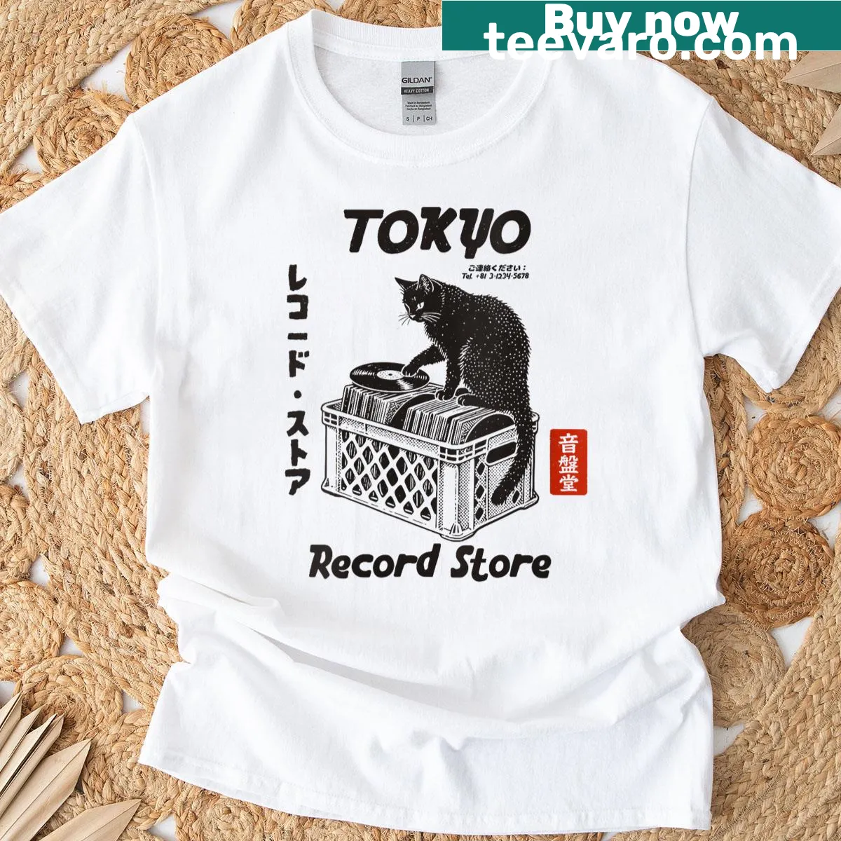 Vintage music T-shirt featuring a cat and Japanese vinyl design — on a men's t-shirt