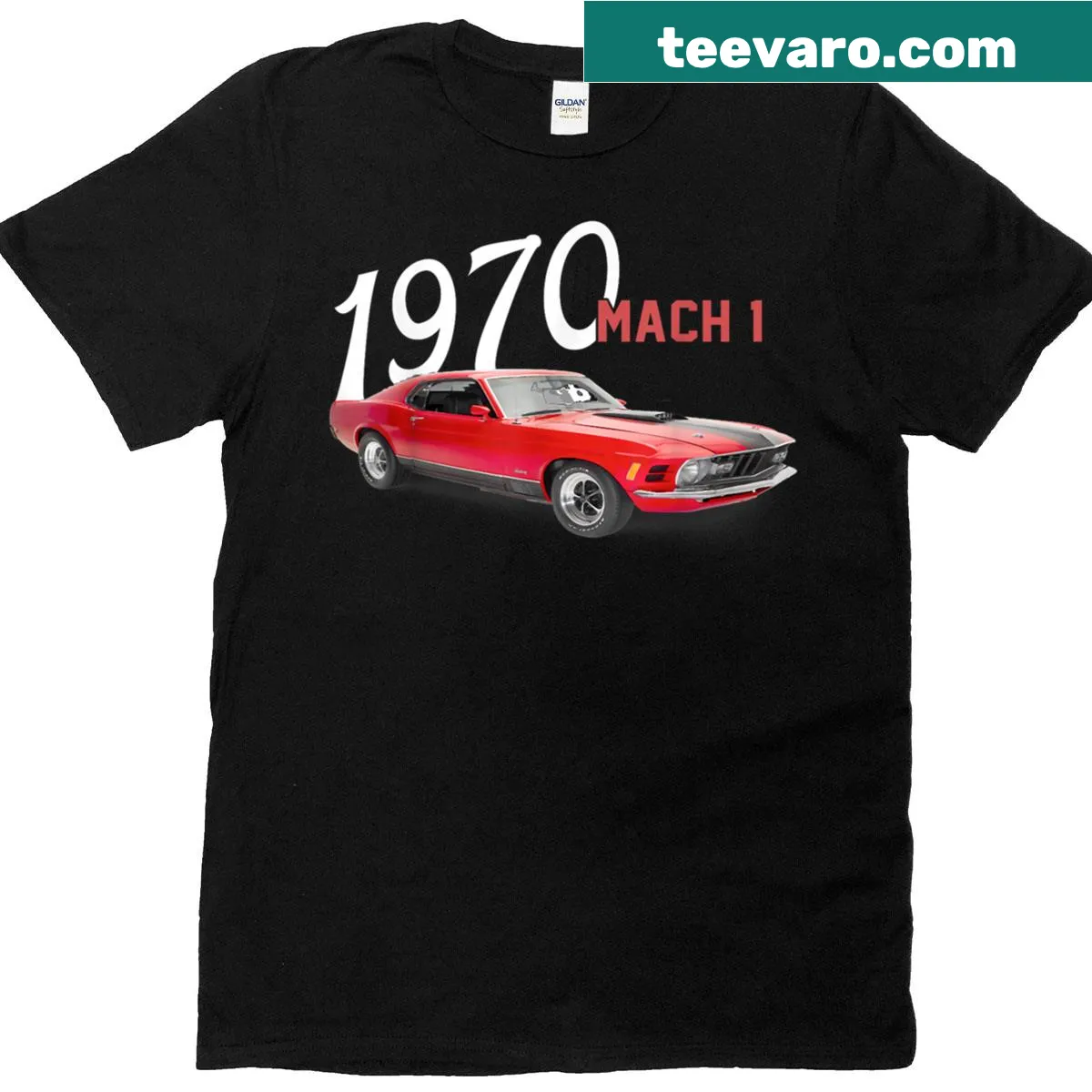 Vintage Mach 1 car-themed T-shirt with USA flag — on a men's t-shirt