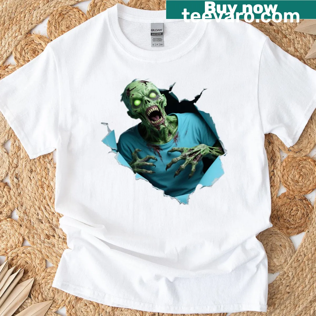 3D zombie breakout horror t-shirt with realistic illusion design — on a men's t-shirt