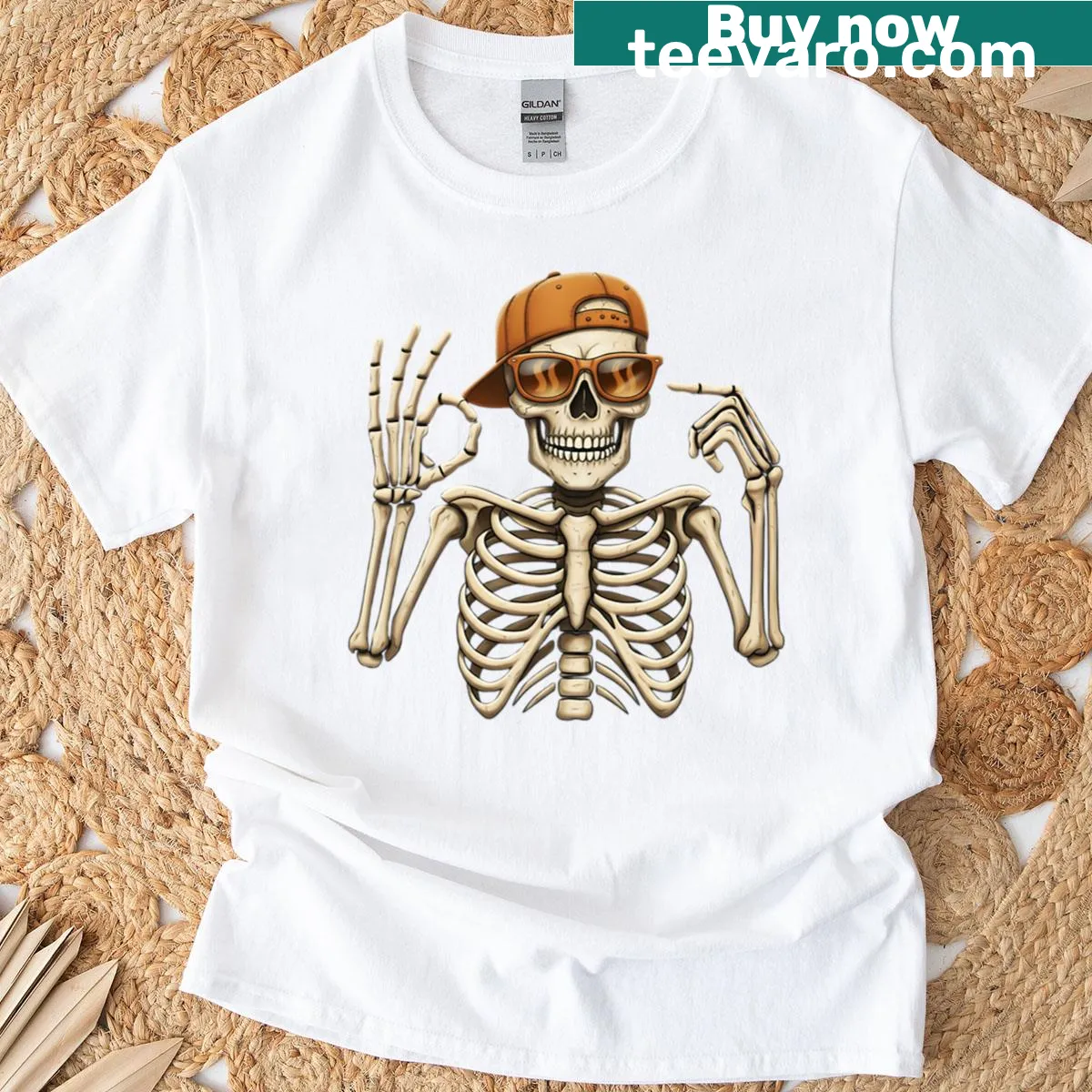 Trendy skeleton Halloween t-shirt with meme elements for kids — on a men's t-shirt