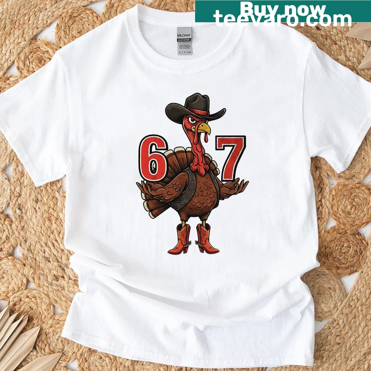 Thanksgiving t-shirt featuring a playful turkey and cowboy typography — on a men's t-shirt