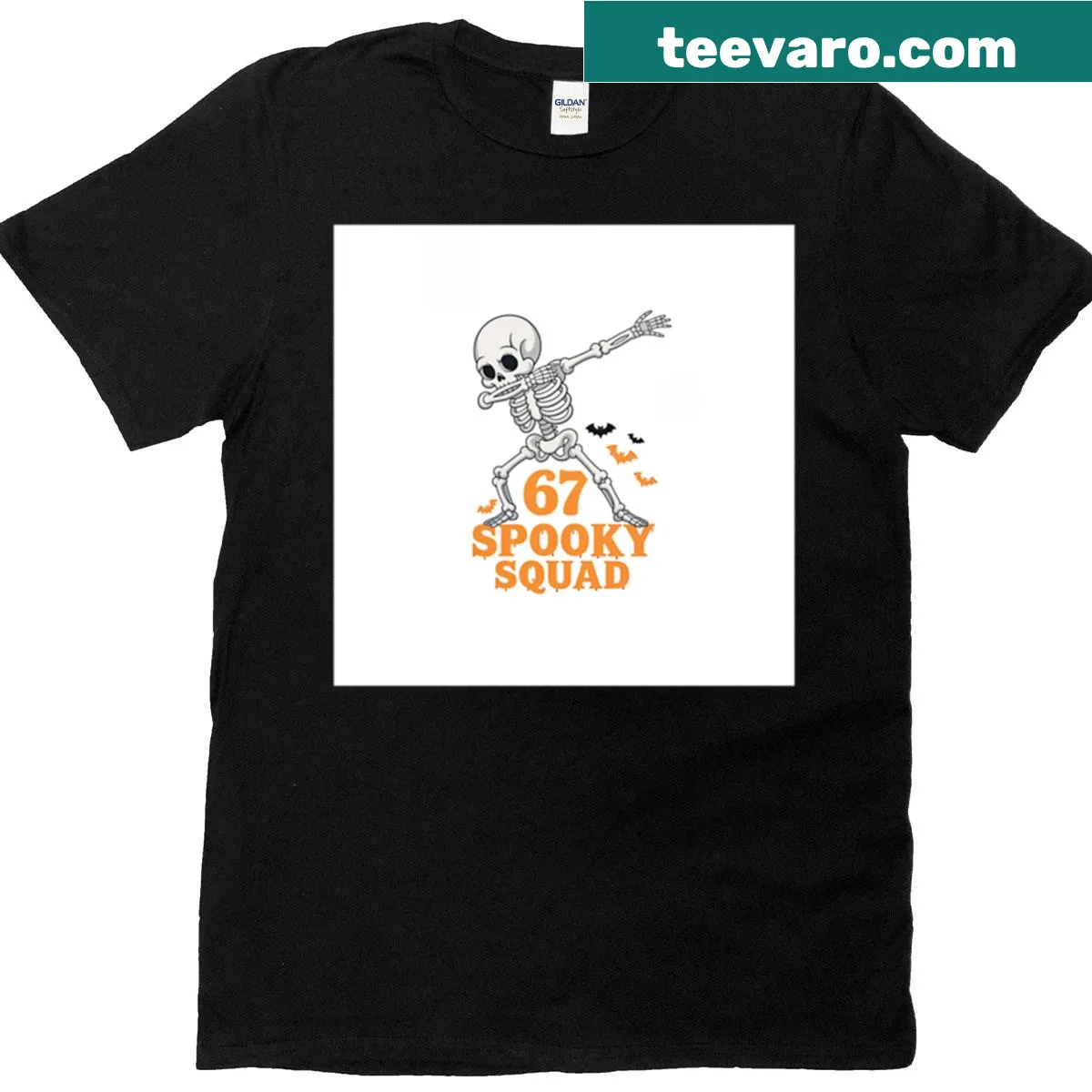 Cartoon dabbing skeleton with '67 Spooky Squad Birthday' text — on a men's t-shirt