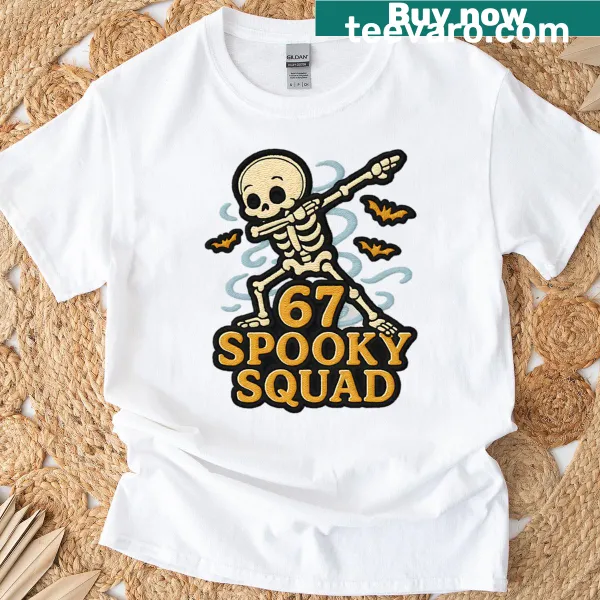 Funny Halloween T-shirt featuring dancing skeletons and Spooky Squad text