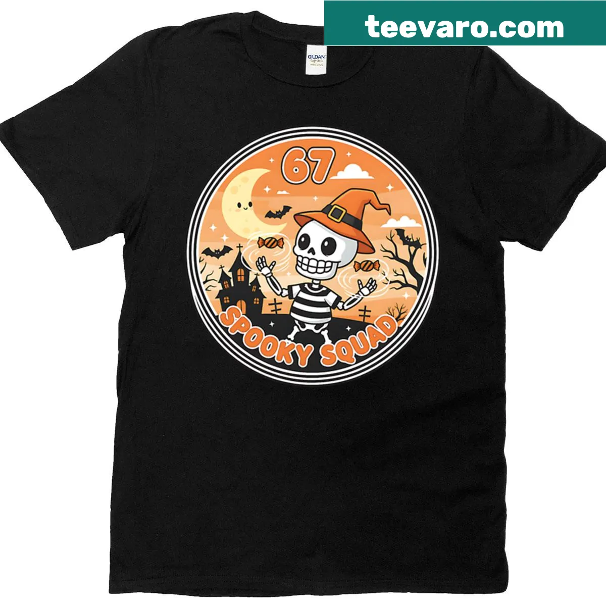 Cartoon skeletons celebrating Halloween in a playful scene — on a men's t-shirt