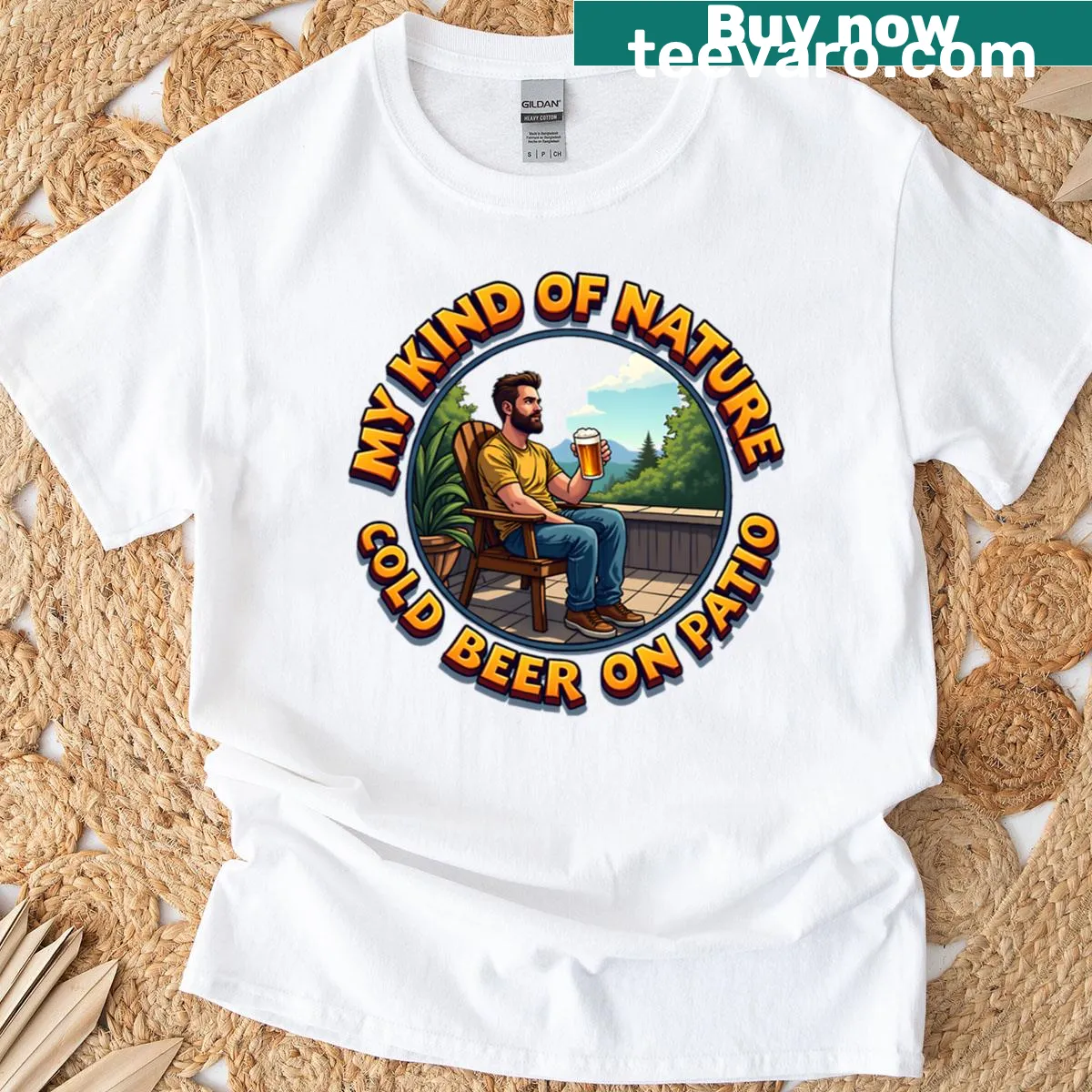 Illustration of a man sitting outdoors on a patio T-shirt — on a men's t-shirt