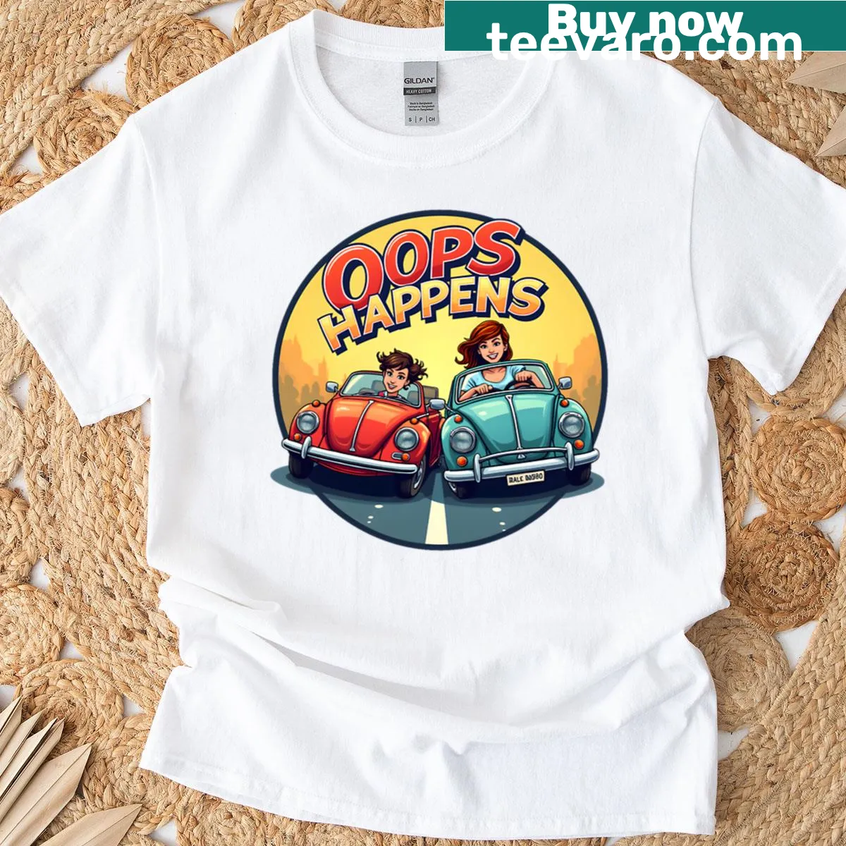 Dynamic T-shirt featuring a woman racing another car illustration — on a men's t-shirt