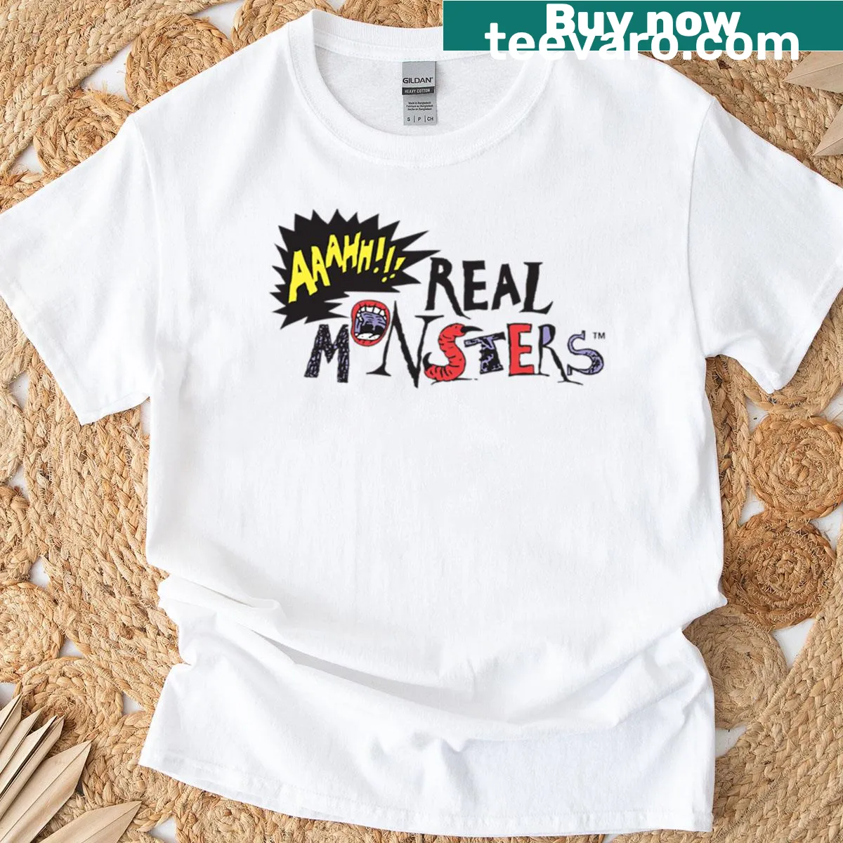 Nostalgic Aaahh Real Monsters t-shirt featuring cartoon characters — on a men's t-shirt