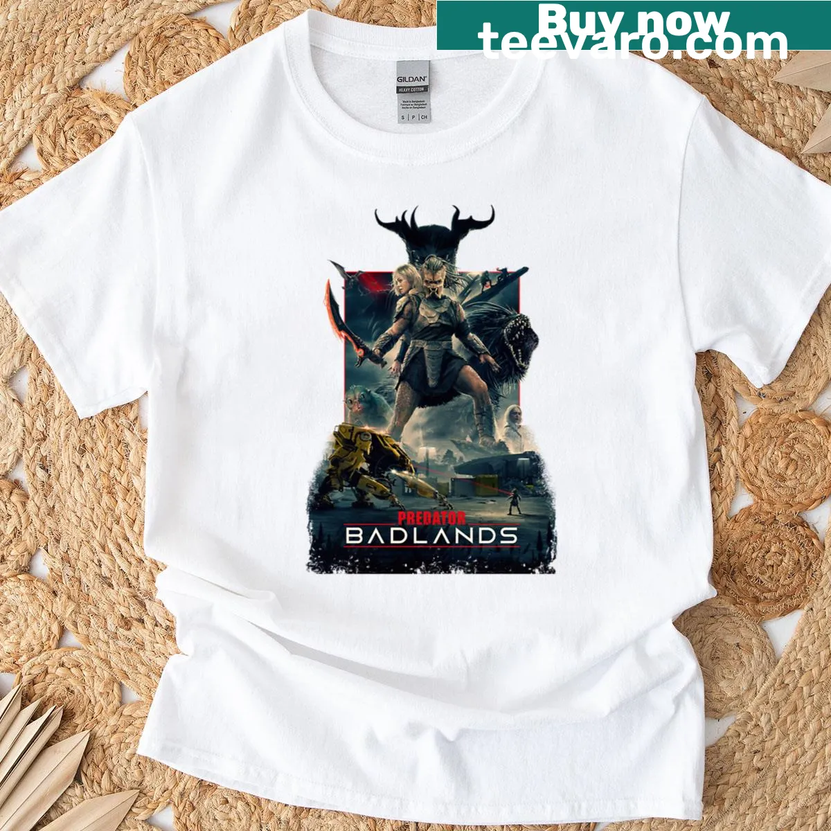 Illustrated design inspired by Badlands featuring Predator — on a men's t-shirt