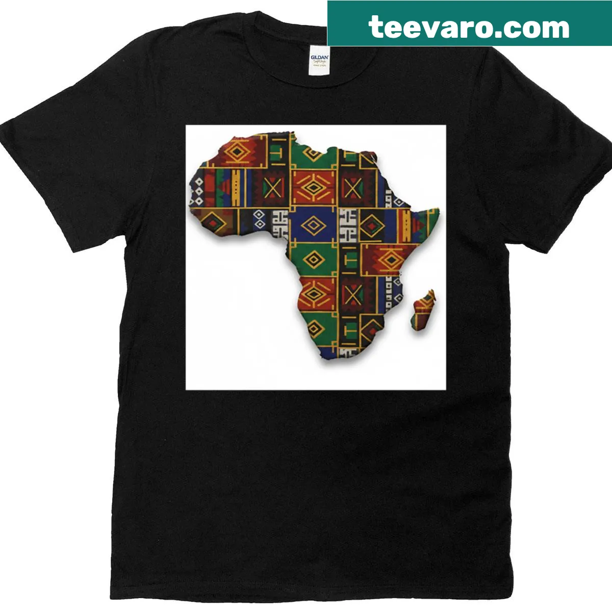 Map of Africa with tribal patterns in a detailed graphic — on a men's t-shirt