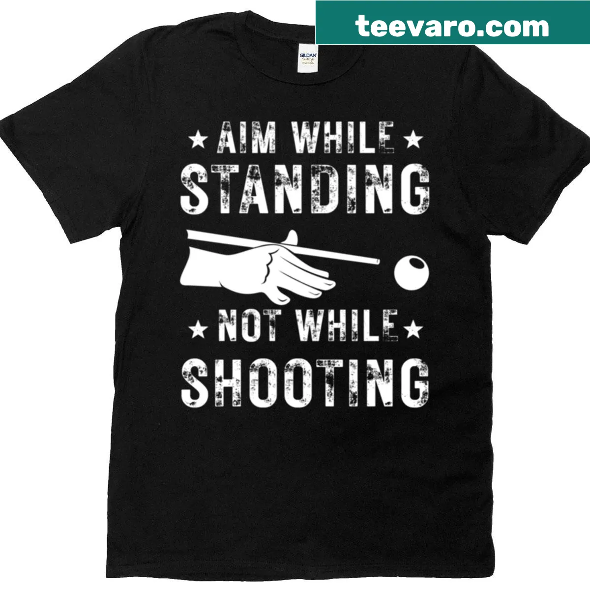Funny T-shirt with phrase about pool shooting and aiming — on a men's t-shirt