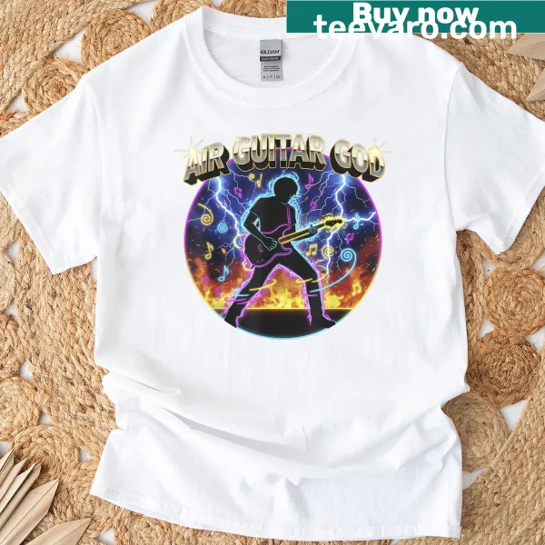 Vintage-style t-shirt featuring an air guitar graphic from the 90s